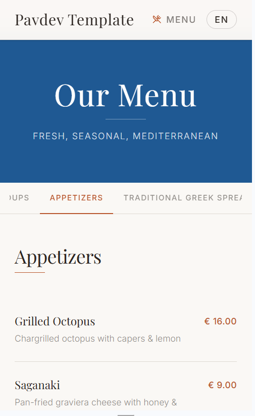 Πολυγλωσσική παρουσίαση της template ιστοσελίδας εστιατορίου